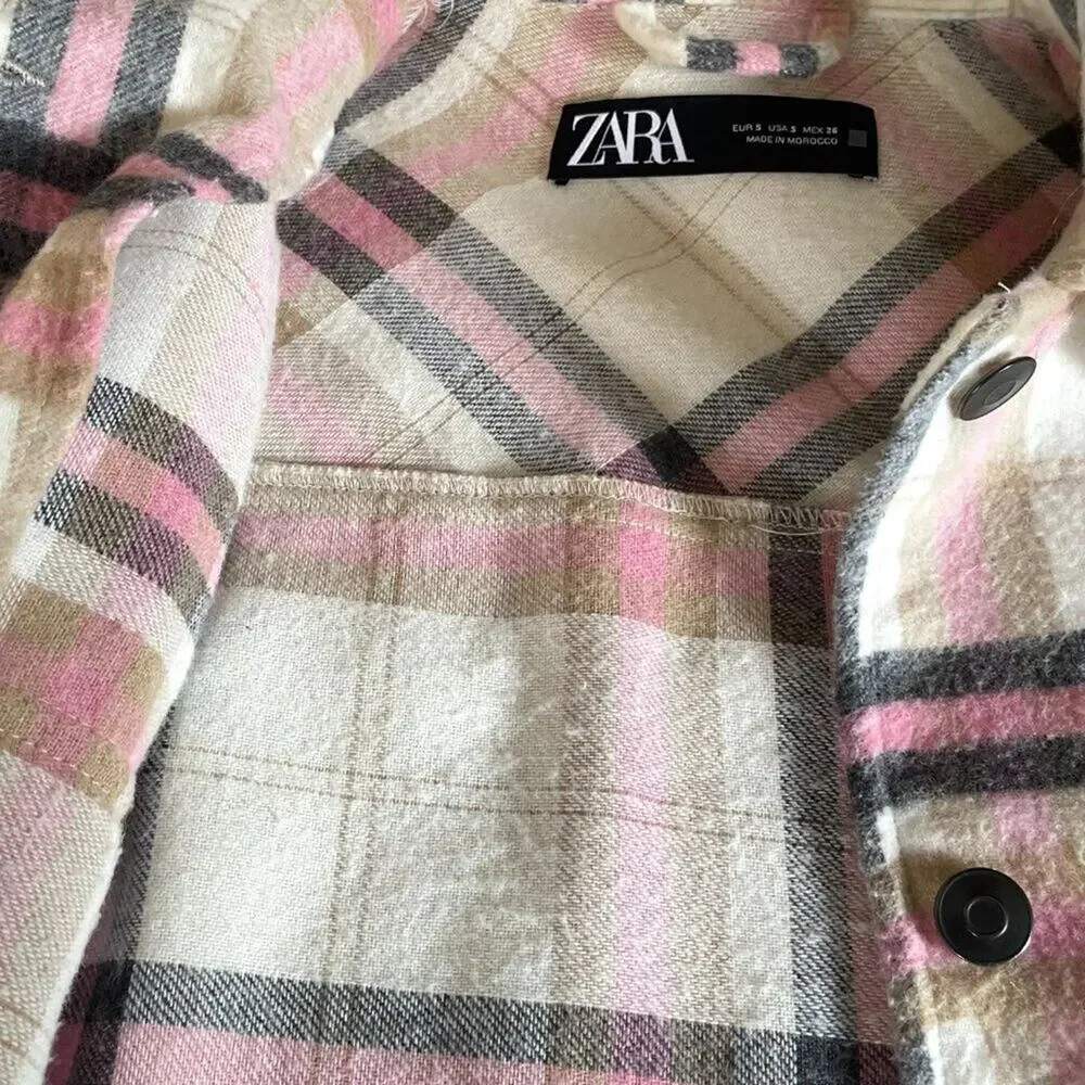 Zara Pink, Beige Plaid Check Overshirt Jacket / Shacket, Oversized 90s Grunge, S